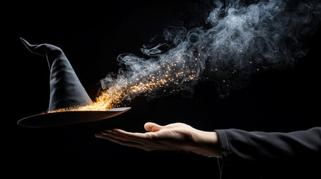 A hand reaches out, seemingly conjuring magic from a witch's hat. Golden sparkles and smoke emanate, creating a mystical and enchanting scene against a dark background.の素材