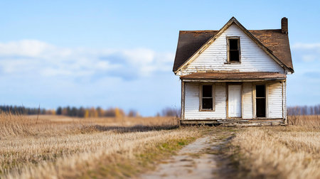 A dilapidated, white farmhouse stands alone in a field of golden grass under a pale blue sky, evoking feelings of abandonment and nostalgia. The house shows signs of age and decay.の素材
