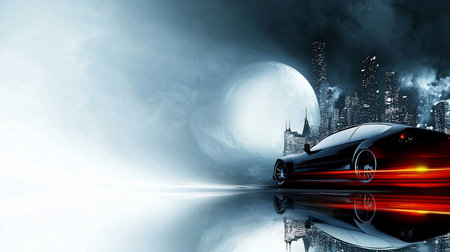 A black sports car speeds through a futuristic city, leaving red light trails. A giant moon dominates the sky, reflected in the wet ground, creating a surreal, dynamic scene.の素材