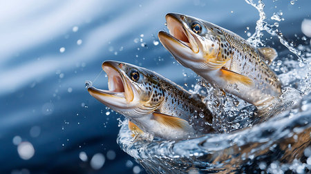 Two brown trout leap from the water, one caught on a hook, creating a splash. The fish are detailed with spots and golden hues against a blurred blue background.の素材