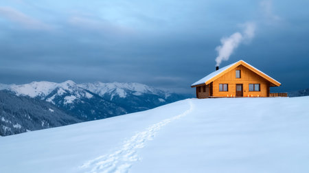 A wooden cabin sits atop a snow-covered hill, smoke rising from its chimney, with snowy mountains in the background under a cloudy sky, creating a serene winter scene.の素材
