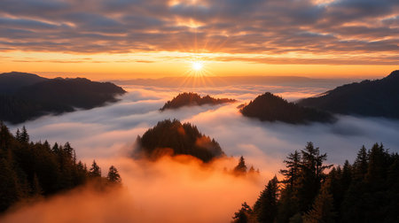 A breathtaking landscape featuring mountain peaks rising above a sea of clouds, illuminated by a golden sunrise. The scene evokes tranquility and awe, capturing nature's serene beauty.の素材