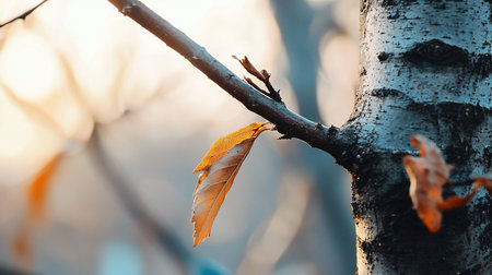 A single golden leaf clings to a birch branch, bathed in soft, warm light. The scene evokes a sense of autumnal serenity and the beauty of nature's transition.の素材