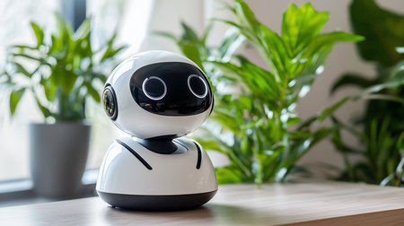 A sleek, white robot with glowing circular eyes sits on a wooden table, framed by vibrant green plants. The scene is bathed in soft, natural light, creating a futuristic yet inviting atmosphere.の素材