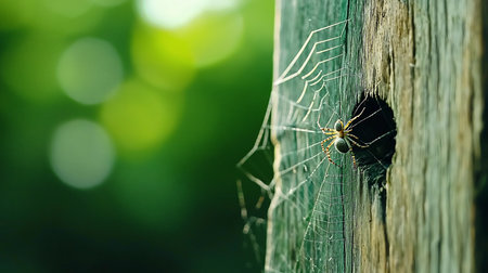 Orb weaver spider on its intricate web, attached to a weathered green wood post with a dark hole. Soft, blurred green foliage in the background.の素材