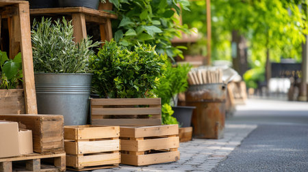 A charming outdoor display features wooden crates, metal pots filled with greenery, and lush plants, creating a rustic garden scene on a cobblestone street.の素材