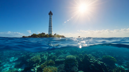 A split-view captures a lighthouse on a tropical island, with vibrant coral reefs visible beneath the ocean surface, illuminated by sunlight. A stingray swims near the surface.の素材