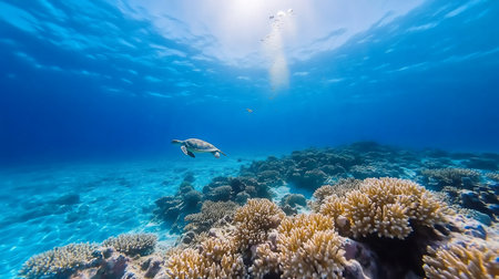 A sea turtle gracefully swims above a vibrant coral reef in crystal-clear turquoise waters. Sunlight filters through the surface, creating a serene and captivating underwater scene.の素材