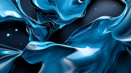 Abstract image featuring dynamic, swirling blue liquid with reflective surfaces and small droplets, set against a dark background, creating a sense of movement and depth.の素材