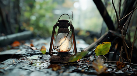 A rusty, vintage lantern casts a soft glow on a forest floor covered in fallen leaves and shallow water, creating a moody, atmospheric scene with blurred background.の素材