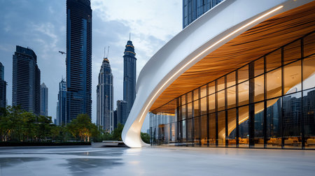 A modern building with a unique curvilinear design stands in Dubai, with towering skyscrapers in the background. The architecture blends seamlessly with the urban landscape.の素材