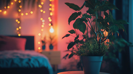 A potted plant sits on a table in a cozy bedroom, illuminated by soft pink and blue light, with string lights adding a warm glow to the blurred background.の素材