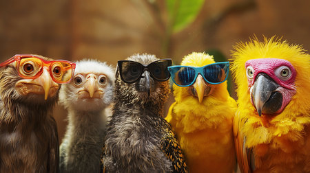 A close-up of five parrots wearing sunglasses, creating a funny and colorful portrait. The birds are arranged side-by-side, each with unique plumage and stylish eyewear.の素材
