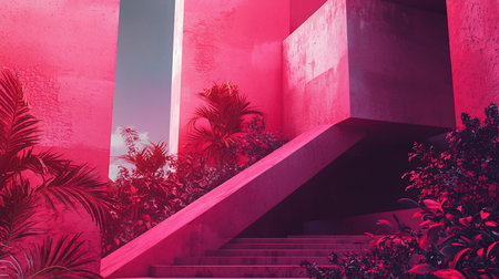Striking pink architectural scene featuring a concrete staircase, lush tropical plants, and geometric design elements under natural light, creating a surreal and vibrant atmosphere.の素材