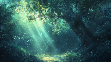 A serene forest scene with sunbeams piercing through the canopy, illuminating a path. Birds fly through the light, and a large tree dominates the right side of the frame.の素材