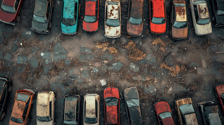 Aerial shot of old, rusting cars in a junkyard, showing decay and discarded vehicles. The image captures the scene with a top-down perspective, emphasizing the scale and desolation.の素材
