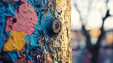 Close-up of a tree trunk with textured bark, featuring a prominent knot and patches of blue, pink, and yellow paint. Soft, diffused light enhances the colors and details.の素材