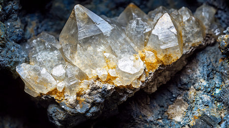 A macro shot showcases a cluster of clear quartz crystals on a dark matrix, highlighted by golden hues. The composition emphasizes the mineral's natural beauty and geological formation.の素材