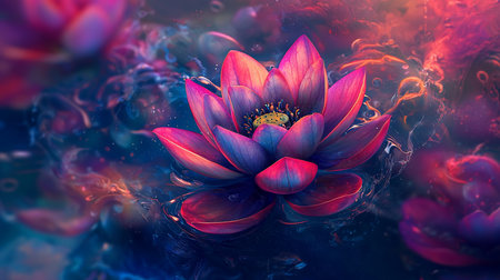 A stunning lotus flower with pink and purple petals floats in water, surrounded by an ethereal, dreamlike atmosphere with swirling colors and light.の素材