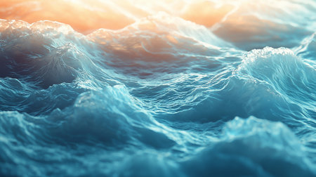 A mesmerizing view of ocean waves, rendered in soft blue hues and illuminated by a gentle, warm sunlight. The dynamic textures of the water create a sense of movement and tranquility.の素材