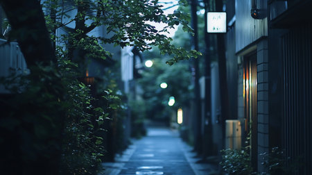 A tranquil, narrow alley in Japan at night, illuminated by soft, blurred lights. Lush foliage frames the scene, adding depth and a sense of peaceful solitude.の素材