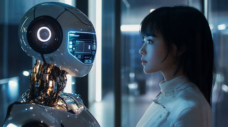 A young Asian woman gazes intently at a sleek, futuristic robot with a glowing screen face in a softly lit, modern setting, creating a sense of connection and curiosity.の素材
