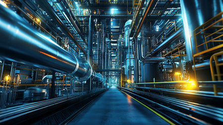 A complex network of pipes and machinery fills a modern factory interior, illuminated by strategic lighting, creating a sense of industrial power and technological advancement.の素材