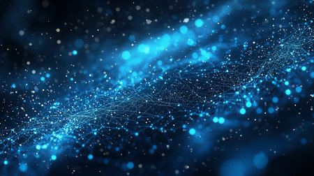Abstract blue network background featuring interconnected nodes and lines, creating a complex web-like structure with bokeh lights, suggesting connectivity, technology, and futuristic concepts.の素材