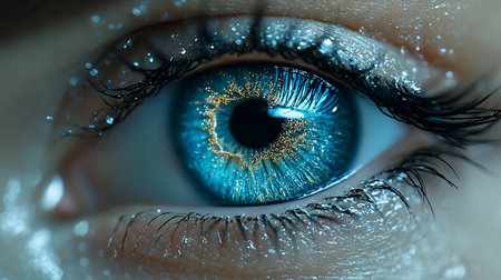 Intimate macro shot of a striking blue eye, adorned with golden sparkles. Detailed eyelashes and skin texture enhance the captivating beauty and surreal, ethereal quality.の素材