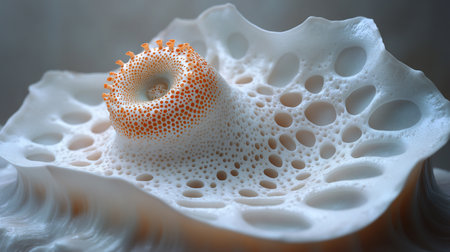 Close-up abstract image featuring an orange-spotted sphere emerging from a porous white surface. The composition highlights texture and detail, creating an intriguing visual.の素材