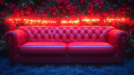 A luxurious red leather Chesterfield sofa sits outdoors against a wall of red flowers illuminated by string lights, creating a surreal and romantic night scene.の素材