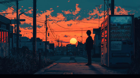 A lone figure stands silhouetted against a vibrant sunset near a vending machine in a quiet urban setting, evoking a sense of contemplation and solitude. The sky is ablaze with orange hues.の素材