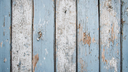 Close-up of a weathered wooden surface with peeling blue and white paint. The texture shows signs of age and wear, creating a rustic and vintage aesthetic.の素材