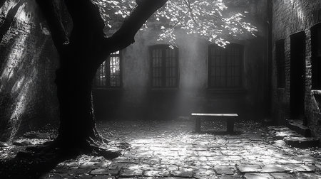 A black and white image of a courtyard with a tree, bench, and light rays shining through the leaves. The scene evokes a sense of mystery and tranquility.の素材