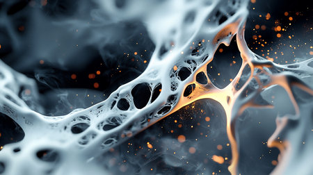 Abstract image featuring a porous, web-like structure with a soft, white glow, contrasted against a dark, smoky background with scattered orange particles, creating a surreal, dreamlike atmosphere.の素材