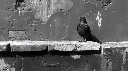 A raven stands on a weathered brick ledge against a peeling painted wall with a faded number "4", creating a stark monochrome study of urban decay and wildlife.の素材