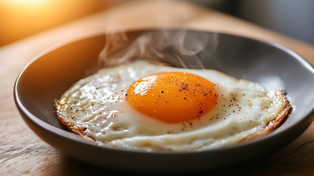 Close-up of a freshly cooked sunny-side up egg in a gray bowl, sprinkled with pepper, and steaming. Warm light enhances the golden yolk and crispy edges.の素材