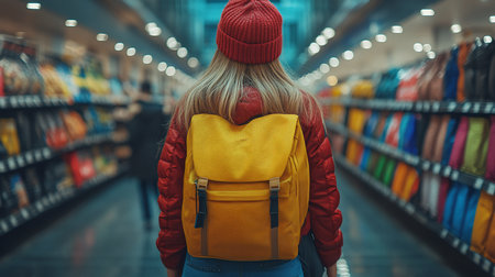 A woman with a yellow backpack and red hat walks down a supermarket aisle, surrounded by shelves of colorful products under bright, diffused lighting.の素材