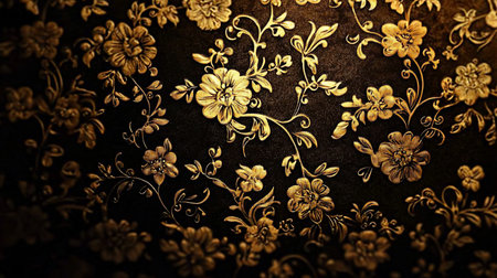 A detailed close-up of a gold floral pattern on a dark background. The design features stylized flowers and leaves, creating a vintage, elegant texture.の素材