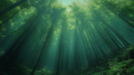 Low-angle view of a dense forest with tall trees, lush ferns, and sunbeams piercing through the canopy, creating a mystical, serene atmosphere in a vibrant green landscape.の素材