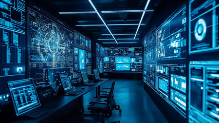 A high-tech control room filled with glowing blue data displays, laptops, and chairs, suggesting a cyber security or data analysis center. The scene is futuristic and intense.の素材