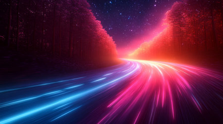 A vibrant, futuristic scene of a road cutting through a forest at night, illuminated by neon light trails under a starry sky, creating a sense of speed and otherworldly travel.の素材