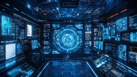Immersive view of a high-tech control room filled with glowing blue holographic displays, showcasing complex data visualizations and futuristic interfaces, creating a sense of advanced technology.の素材
