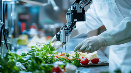A robotic arm with precision grippers assembles a salad with tomatoes, cheese, and greens, overseen by a gloved human hand in a clean, modern food production setting.の素材