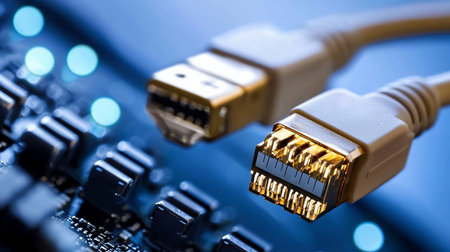 Close-up of two ethernet cables with golden connectors resting on a blue circuit board, emphasizing connectivity and technology. Soft bokeh lights add depth.の素材