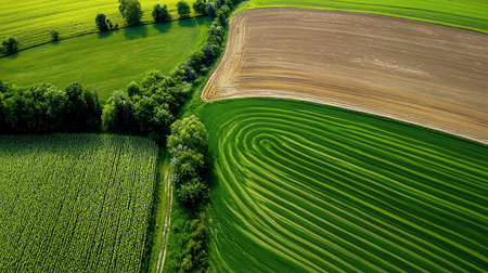 An aerial shot showcases farmland with diverse textures, including a plowed field, a green field with curved patterns, and a field of dense crops, divided by a tree-lined path.の素材
