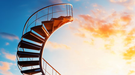 A low-angle view of a spiral staircase leading up into a vibrant sky filled with orange and white clouds, symbolizing ambition, hope, and the journey towards a bright future.の素材