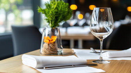 A beautifully set restaurant table features a clear vase with green foliage and an orange flower, a crisp white napkin, cutlery, and a pristine wine glass, ready for a fine dining experience.の素材