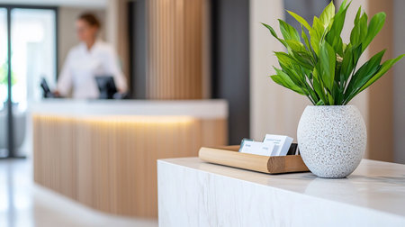 A modern hotel reception area featuring a green plant in a speckled pot, business cards on a wooden tray, and a blurred receptionist in the background.の素材