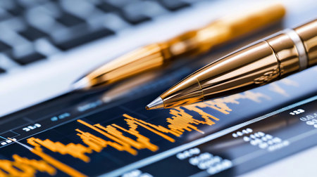 Close-up of golden pens resting on a financial chart displaying stock market data. The image conveys analysis, investment, and the world of finance.の素材